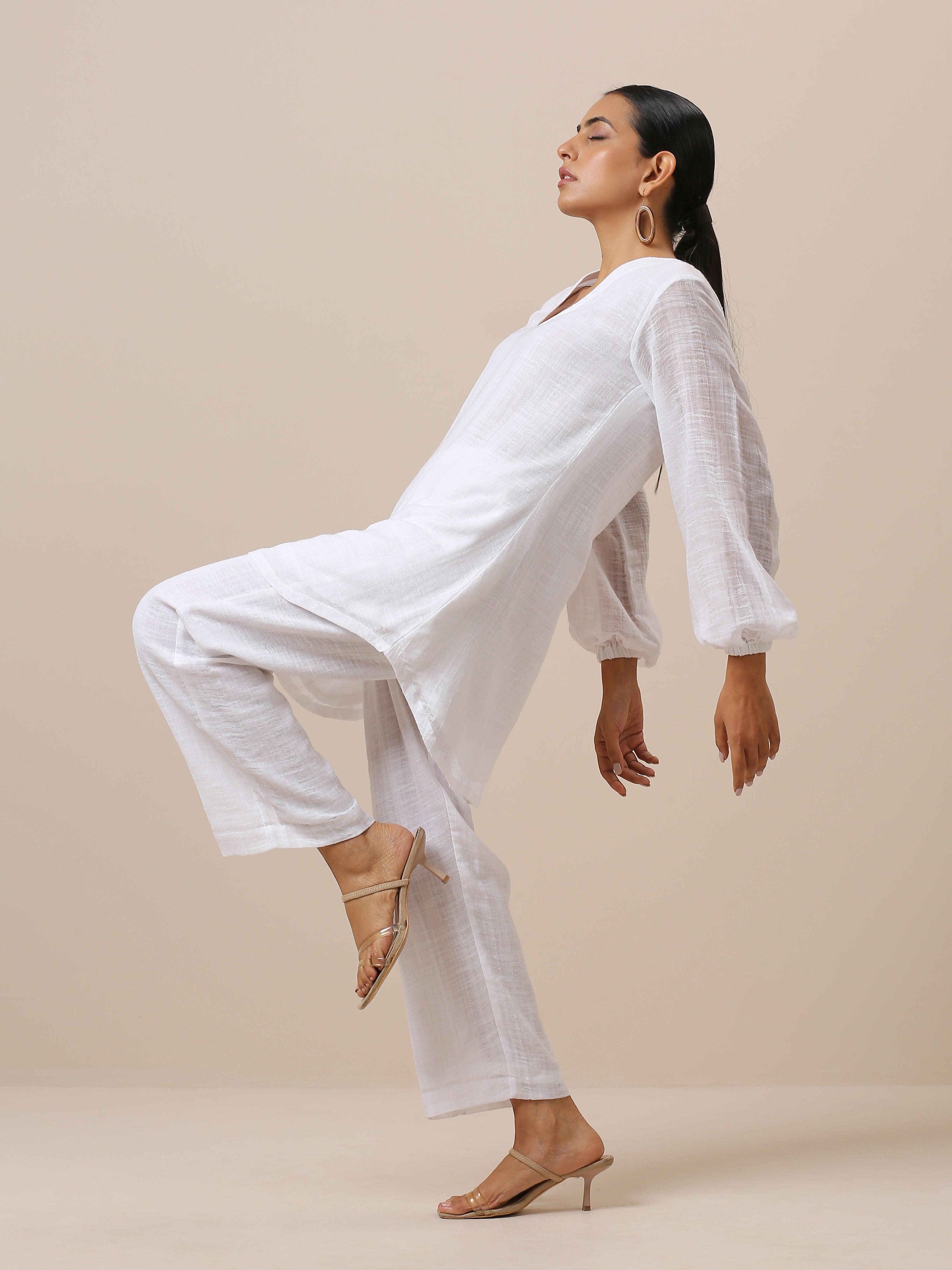 trueBrowns Gauze White Short Co-Ord Set - Distacart
