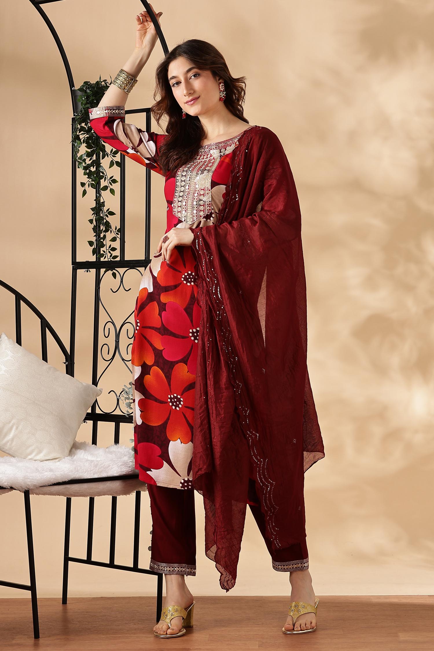 BulBul Roli floral Printed Red Rayon Salwar Suit