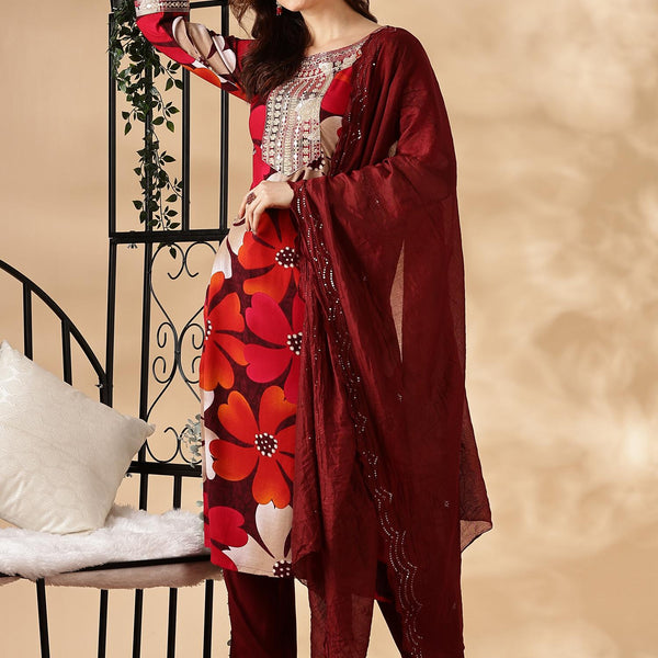 BulBul Roli floral Printed Red Rayon Salwar Suit