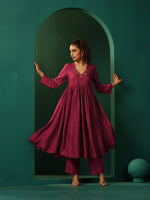 Thumbnail for trueBrowns Maroon Silk Angrakha Kurta Pant Set - Distacart