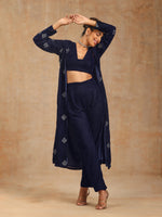 Thumbnail for trueBrowns Midnight Blue Velvet Embroidered Jacket Set | Relove - Distacart