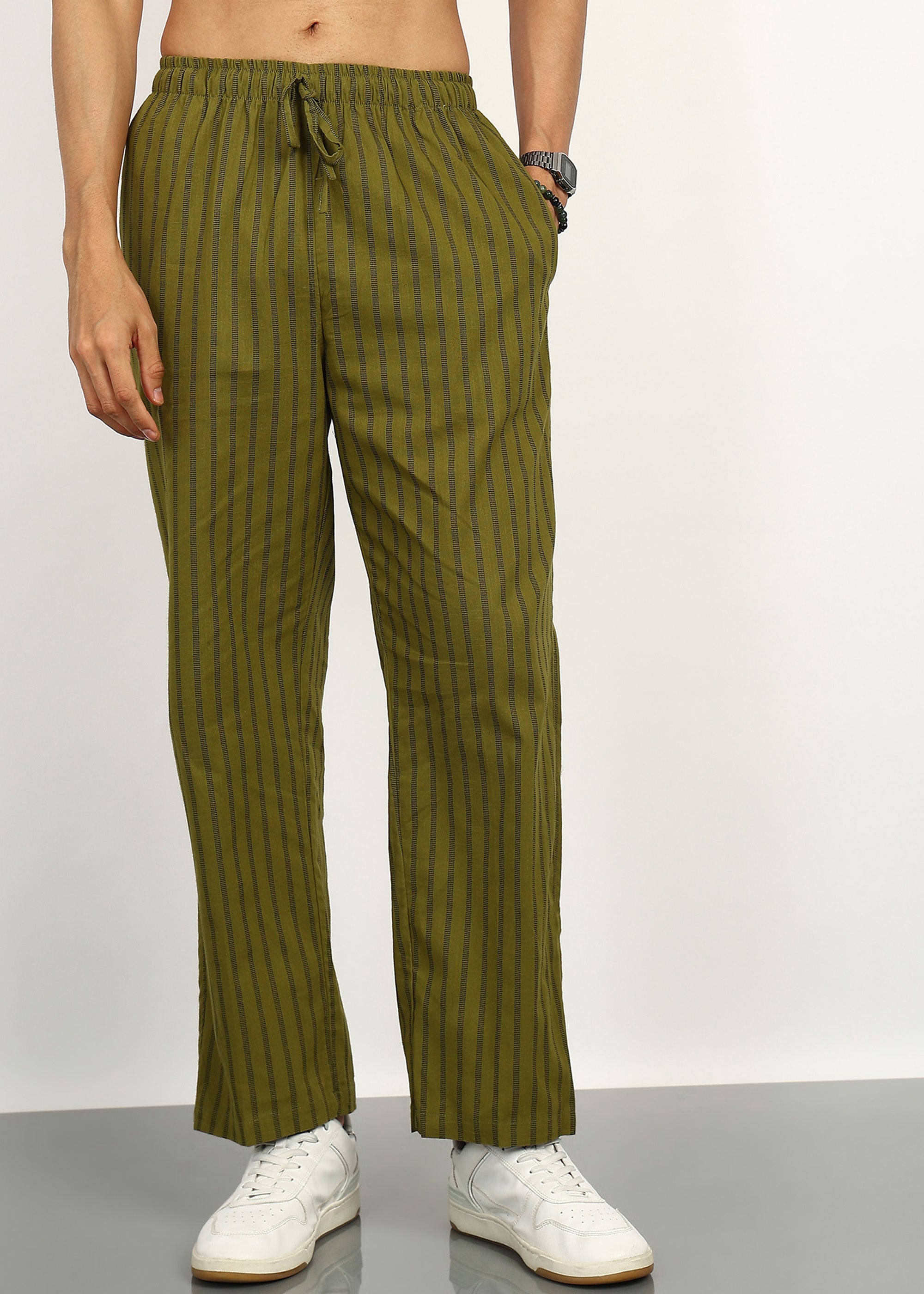 Fabmade Olive Stripe Linen Kurta Set - Distacart
