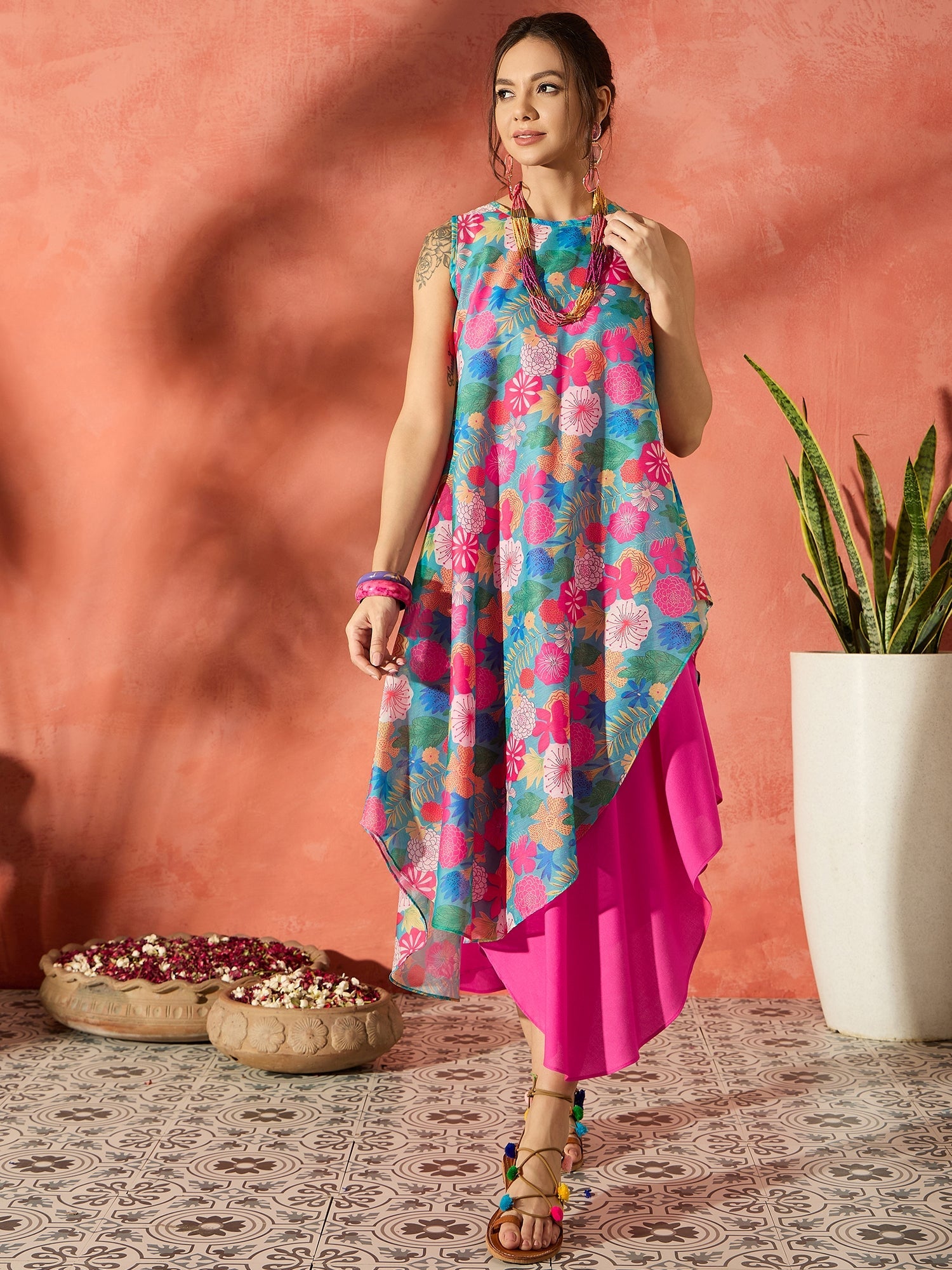 InWeave Blue Floral Fuchsia Asymmetrical Dress