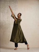 Thumbnail for trueBrowns Olive Green Tissue Flared Anarkali Kurta Set
