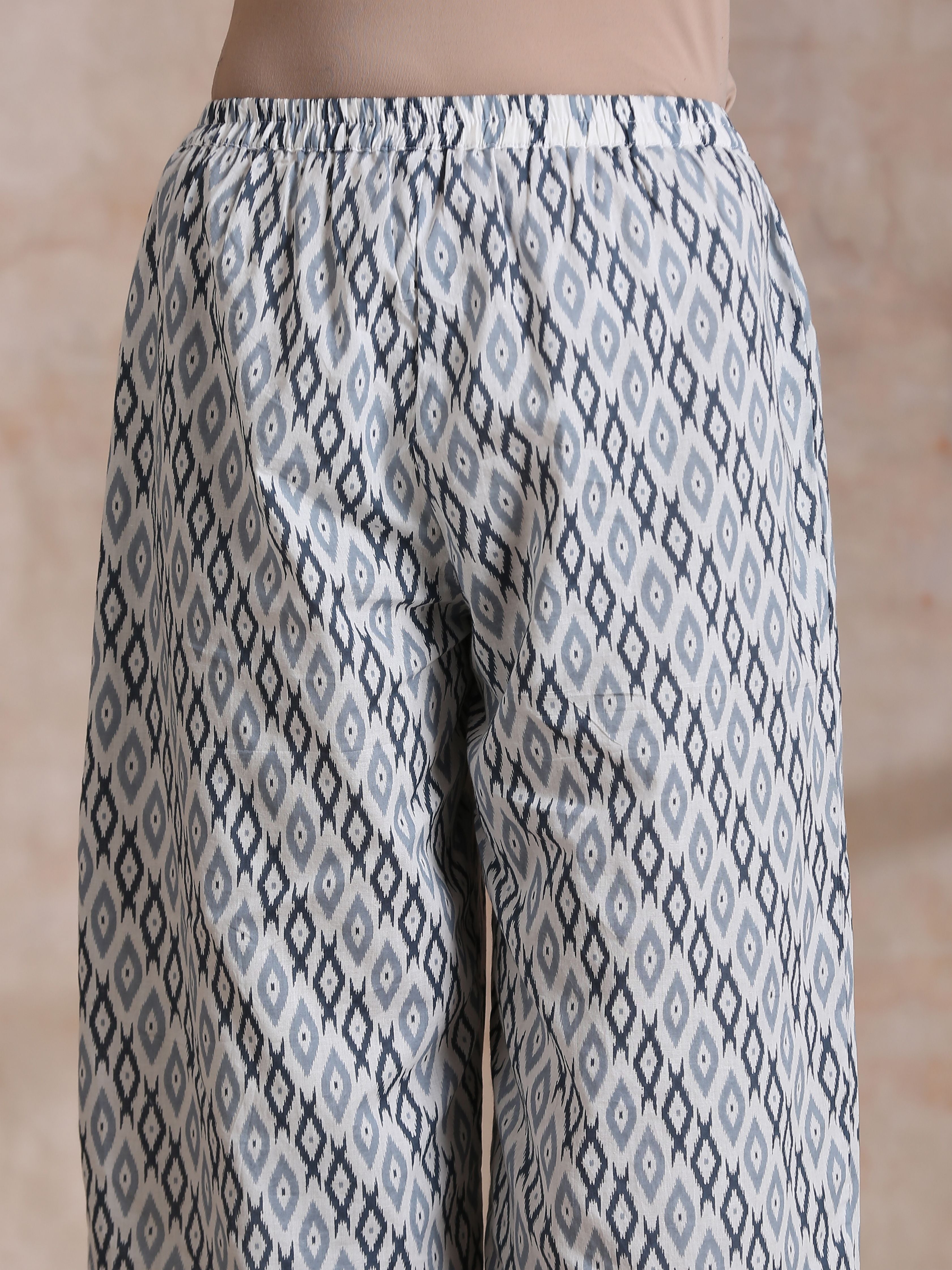trueBrowns Multi Grey On Grey Ikat Print Cotton High-Low Co-Ord Set - Distacart
