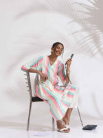 Thumbnail for trueBrowns Off-White Cotton Multi Stripe Flared Kurta Set