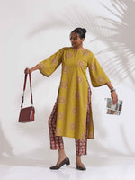 Thumbnail for trueBrowns Green Cotton Print HighSlit Kurta Set