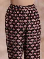 Thumbnail for trueBrowns Black Floral Bagru Print Cotton Flared Kurta Pant Set - Distacart