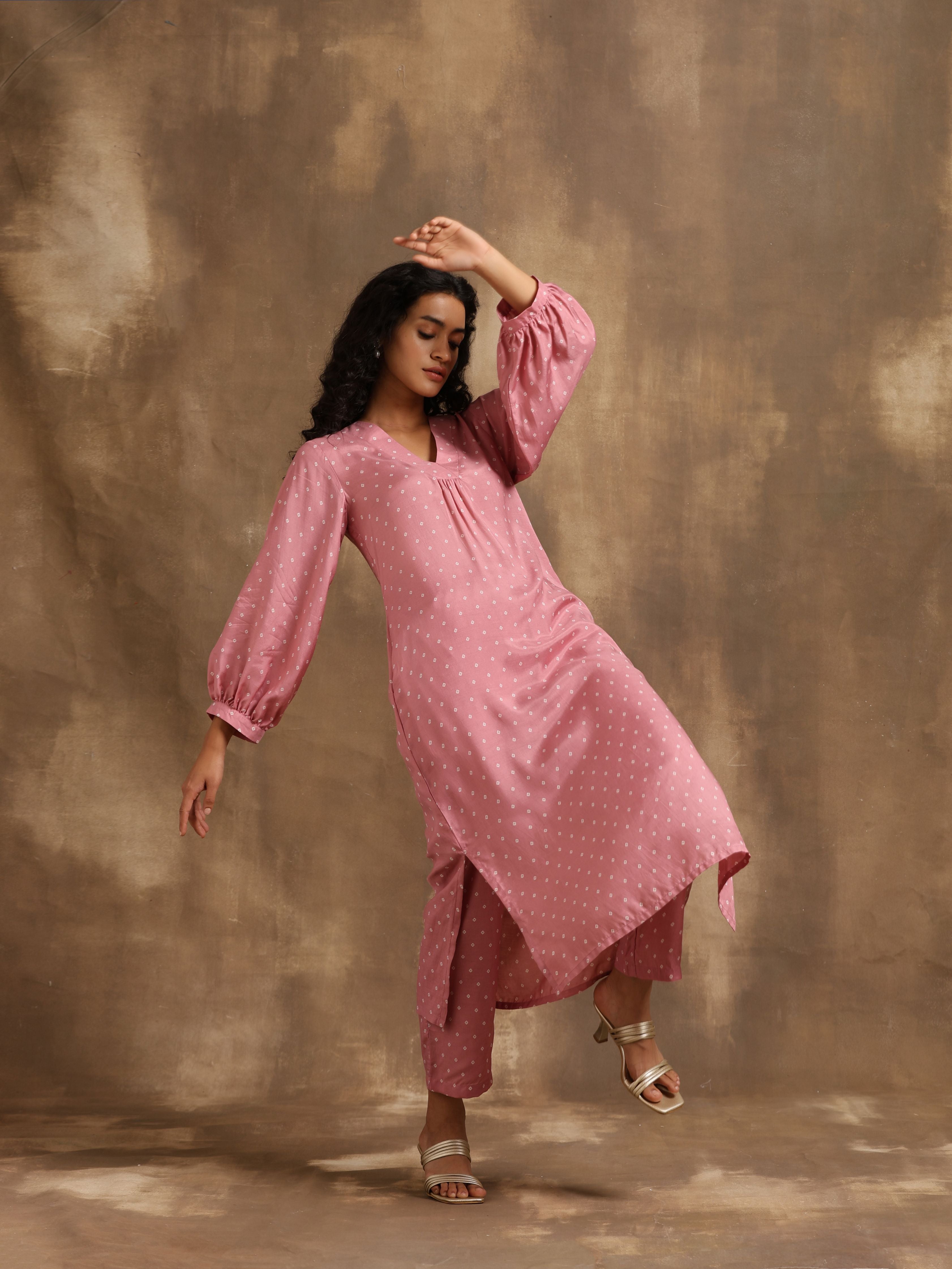 trueBrowns Light Mauve Bandhani Printed Silk Kurta Pant Set - Distacart