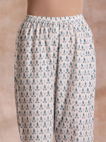 Thumbnail for trueBrowns White With Teal Buta Block Print Cotton Front Neck Gathered Kurta Pant Set - Distacart