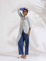 Thumbnail for trueBrowns White Cotton Multi Stripe Shirt Kurta Set