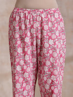 Thumbnail for trueBrowns Pink Green Floral On White Block Print Cotton Sleeveless Flared Kurta Pant Set - Distacart