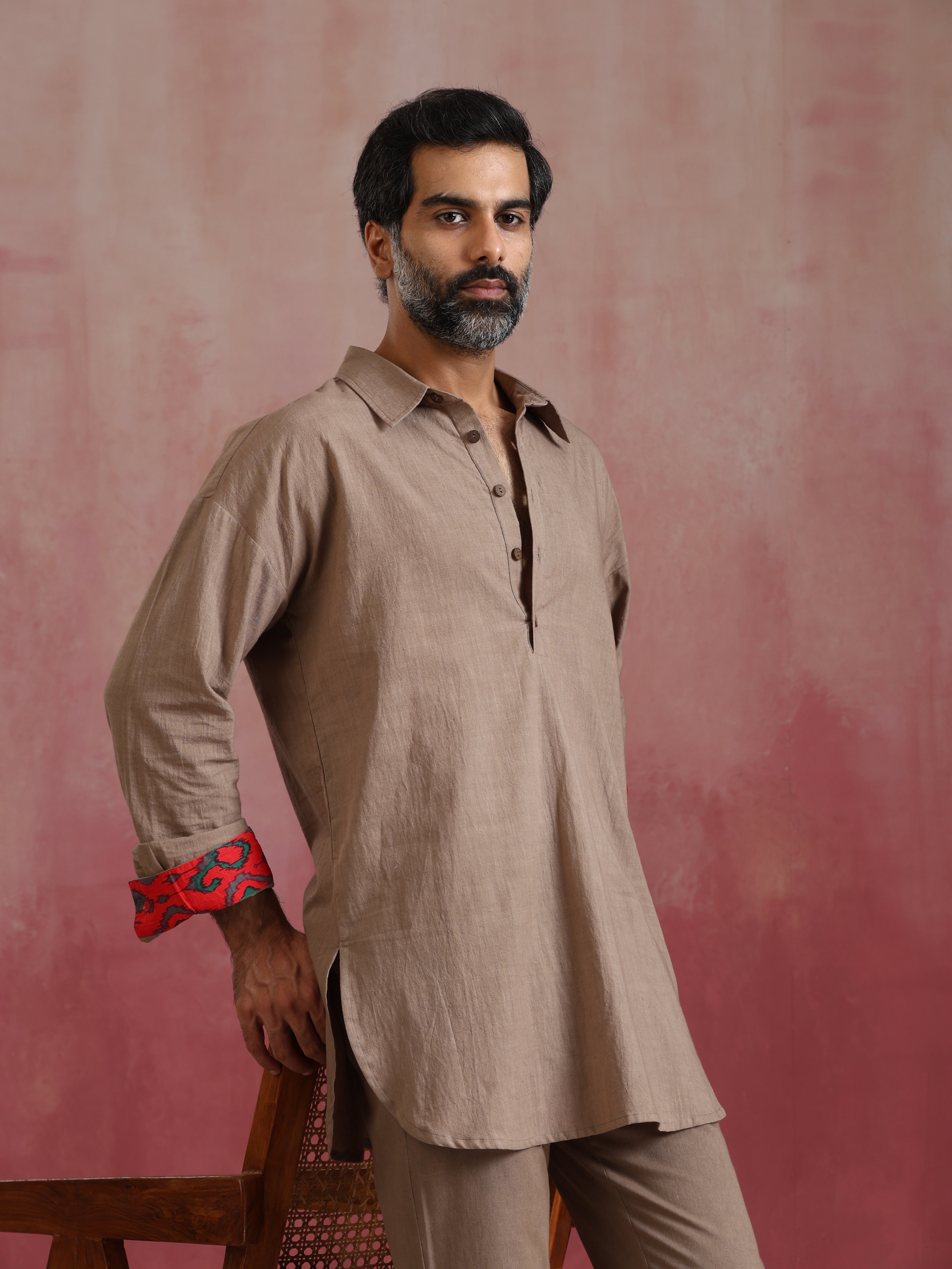 trueBrowns Men's Grey Cotton Shirt Collar Stylized Kurta Co-ord set - Distacart