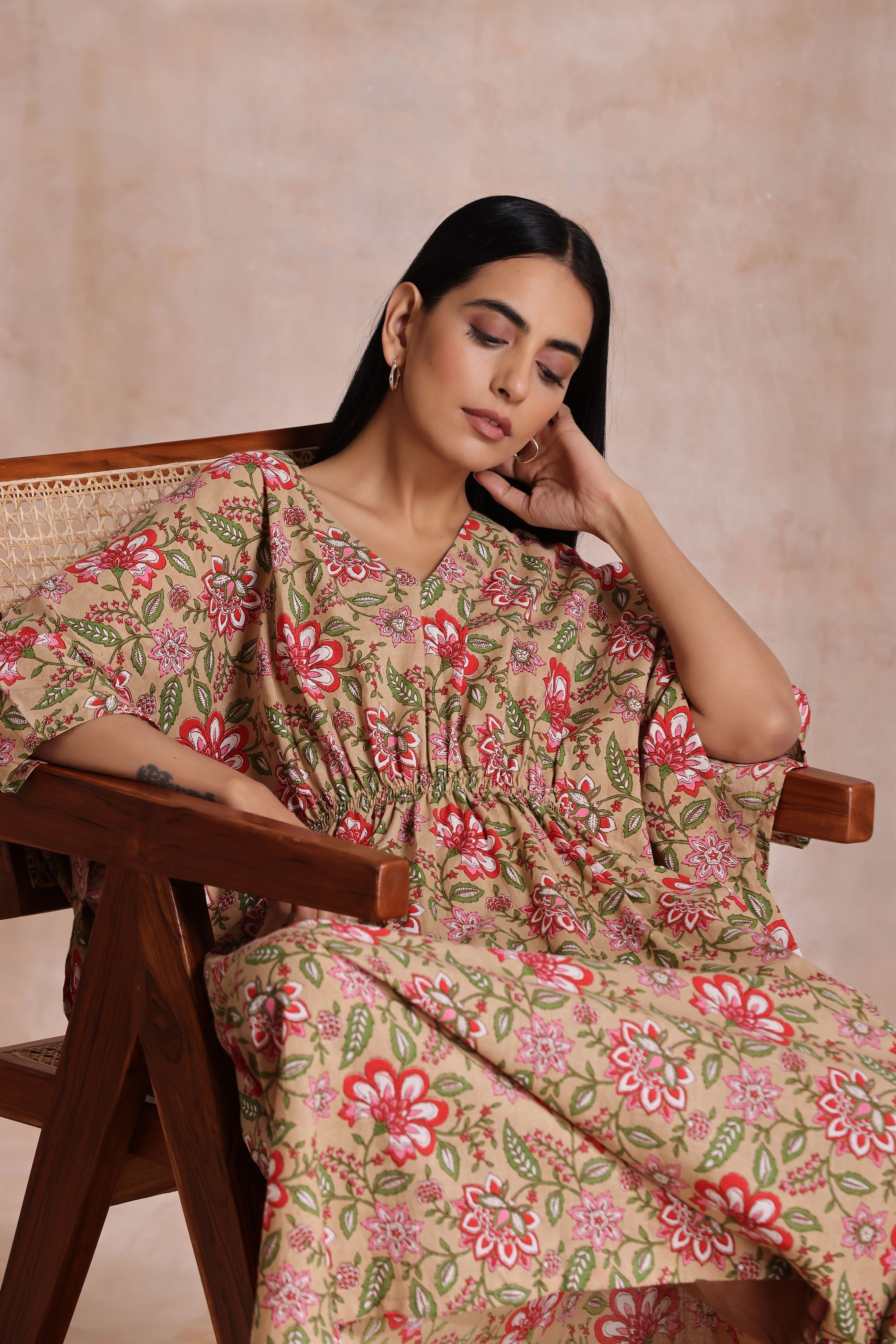 trueBrowns Beige Overall Big Floral Block Print Cotton Kaftan Dress - Distacart