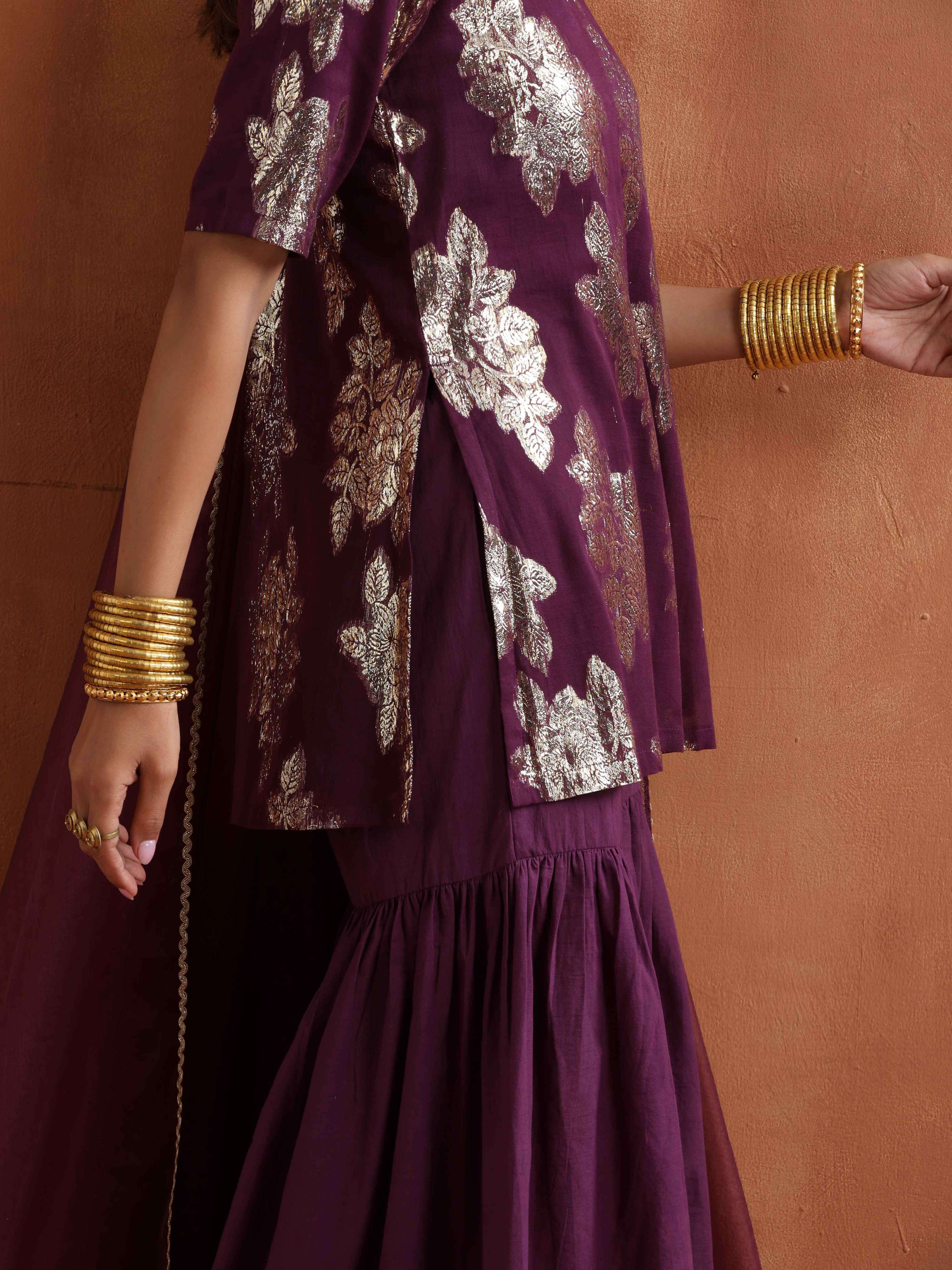 trueBrowns Purple Metallic Sharara Dupatta Set