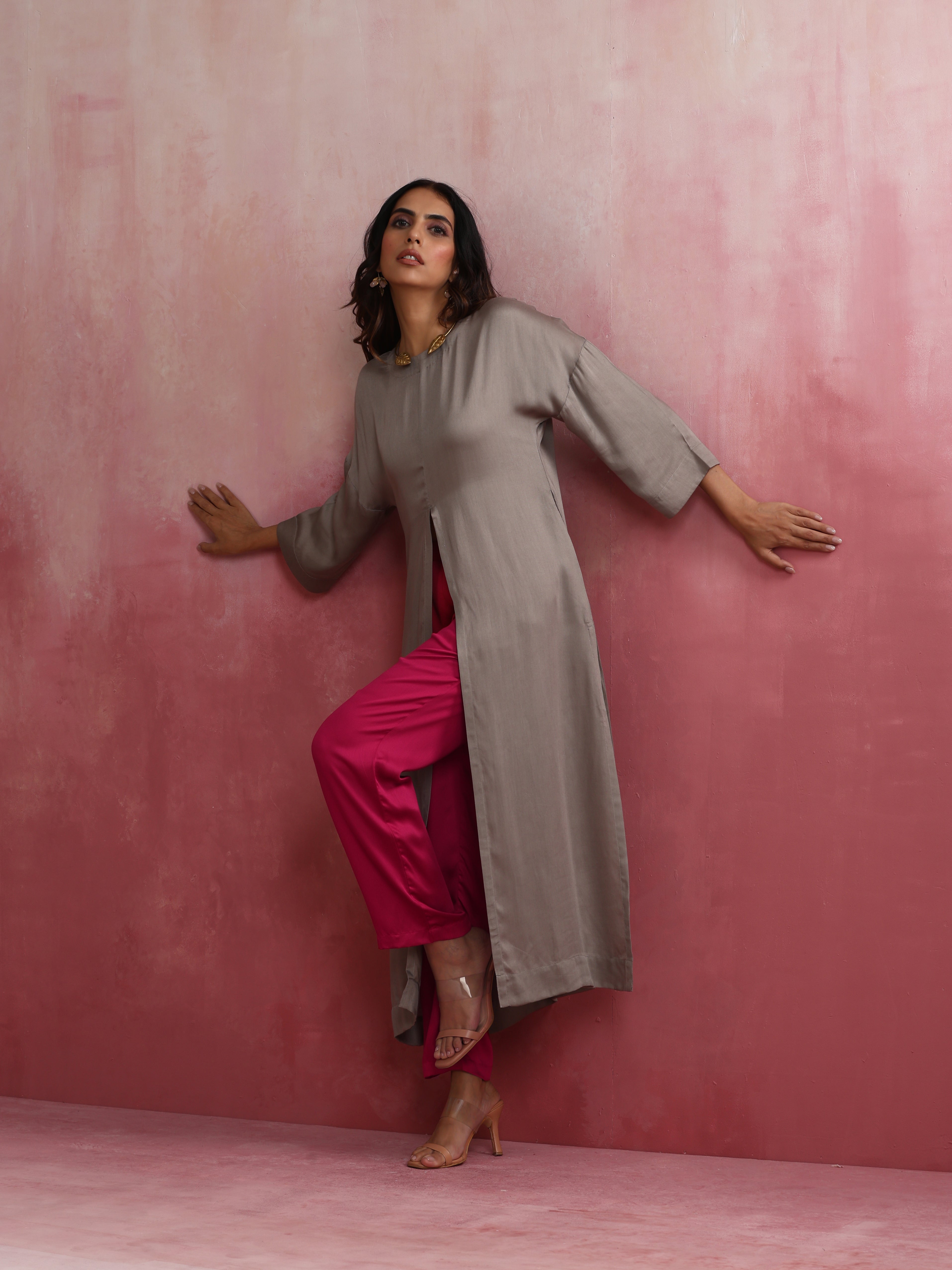 trueBrowns Grey High Slit Modal Kurta Set