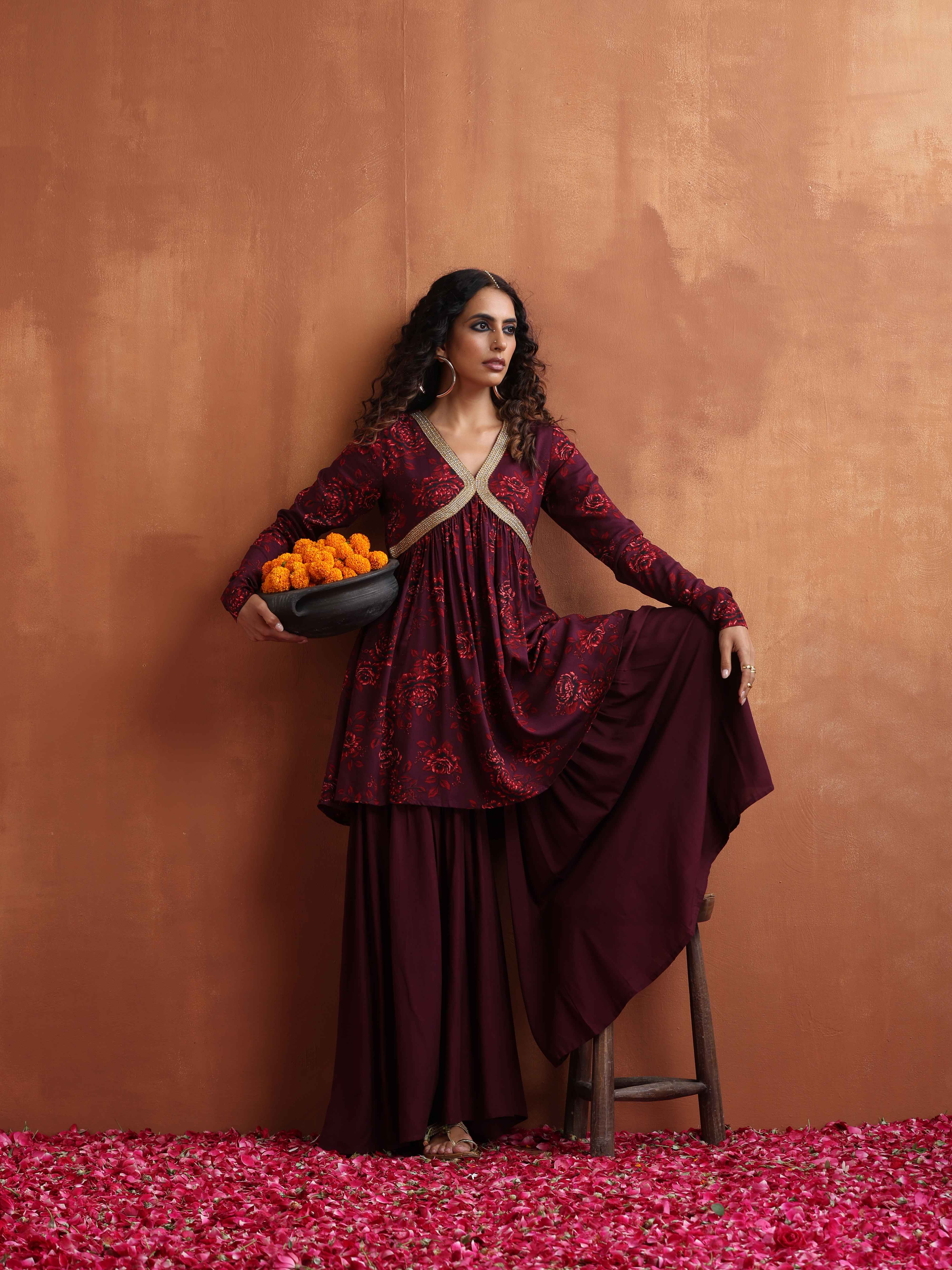 trueBrowns Purple Floral Print Sharara Set - Distacart