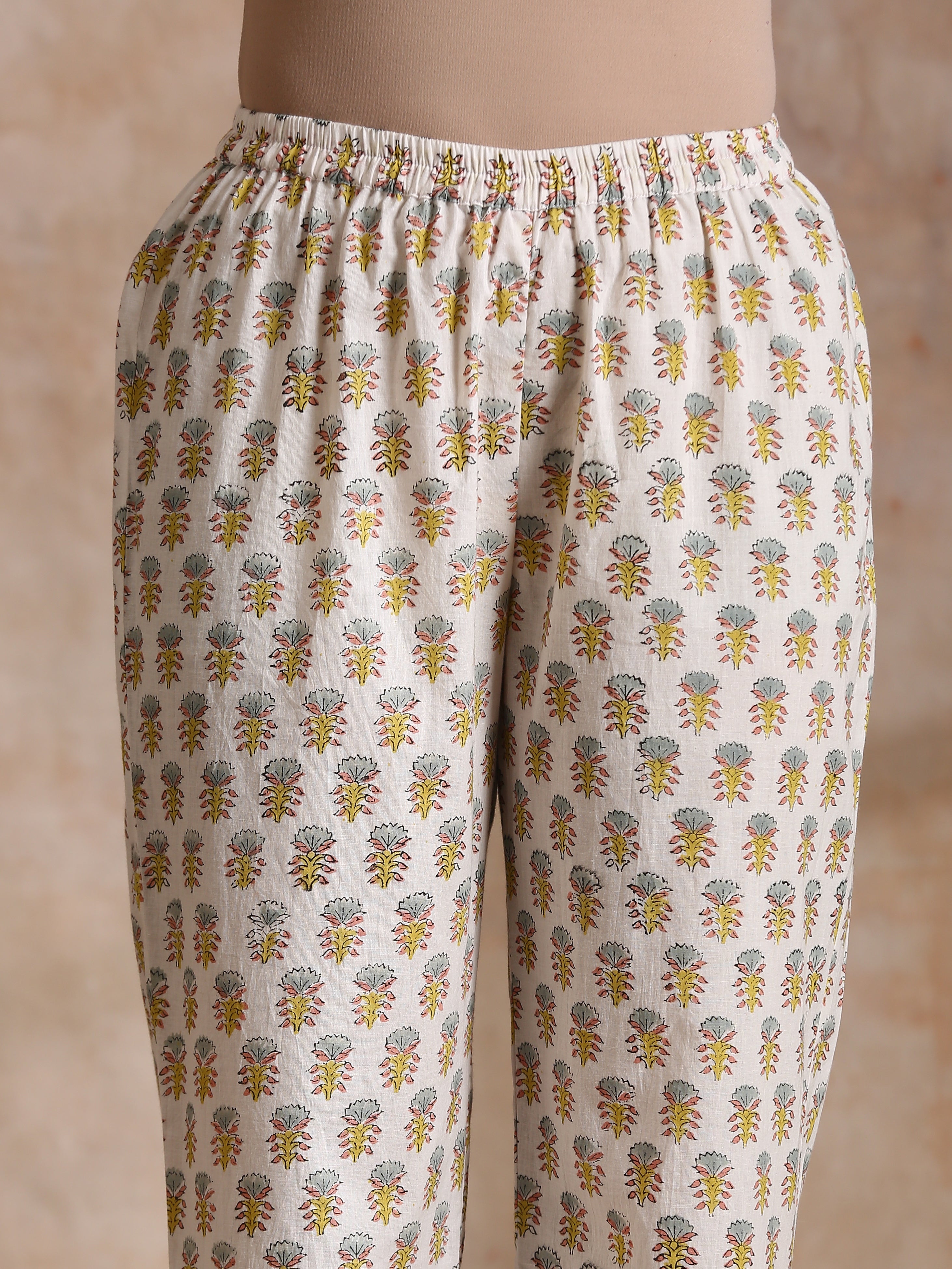 trueBrowns Multi Color Floral Booti Print Cotton Flared Kurta Pant Set - Distacart