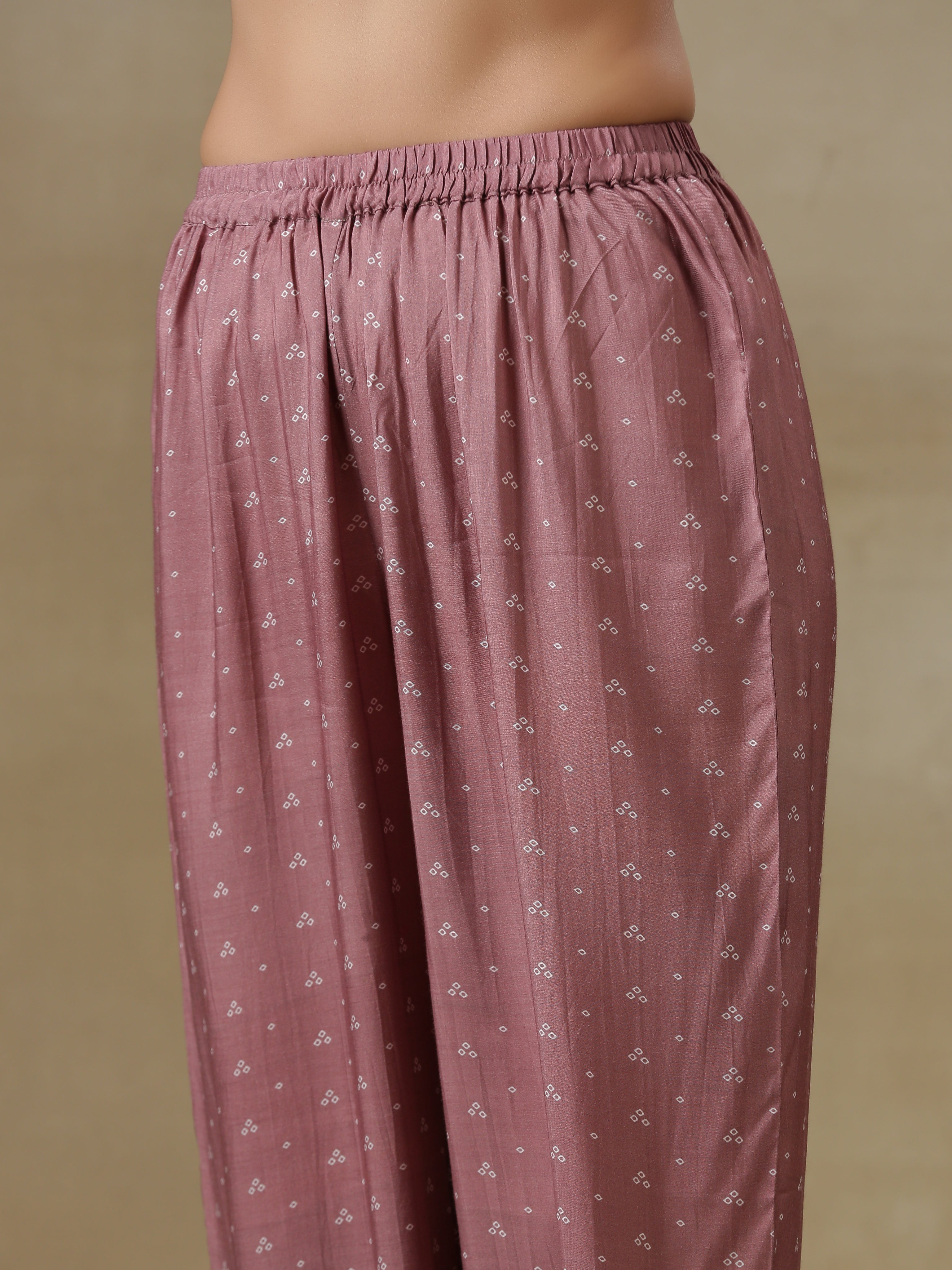 trueBrowns Dark Mauve Bandhani Printed Silk Front Slit Kurta Pant Set | Relove