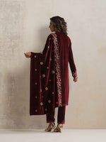 Thumbnail for trueBrowns Maroon Velvet Floral Embroidered Kurta Pant Dupatta Set