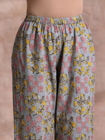 Thumbnail for trueBrowns Grey Overall Floral Block Print Cotton Sleeveless Flared Kurta Pant Set - Distacart