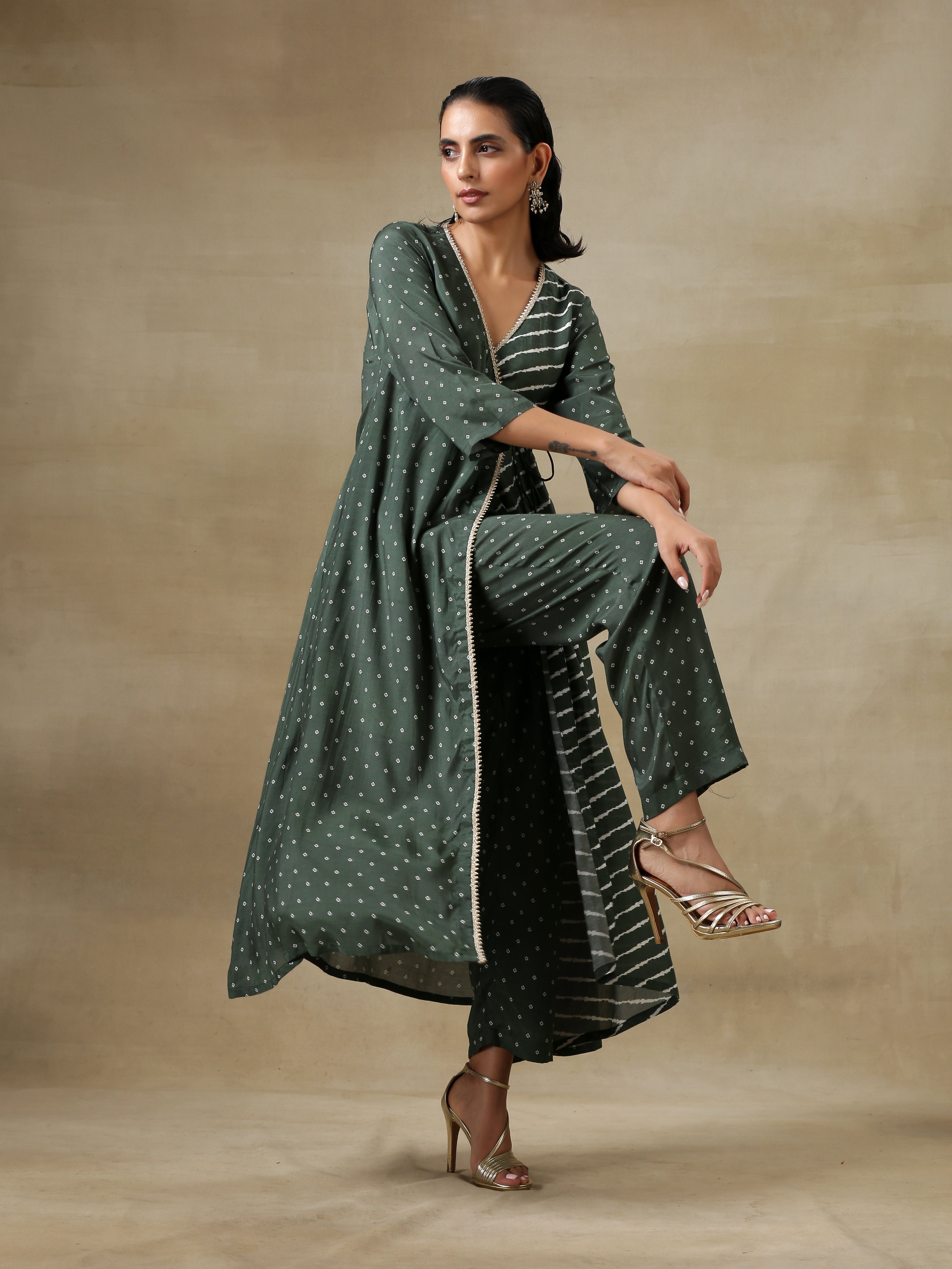 trueBrowns Dark Green Bandhani Printed Silk Angrakha Kurta Pant Set - Distacart