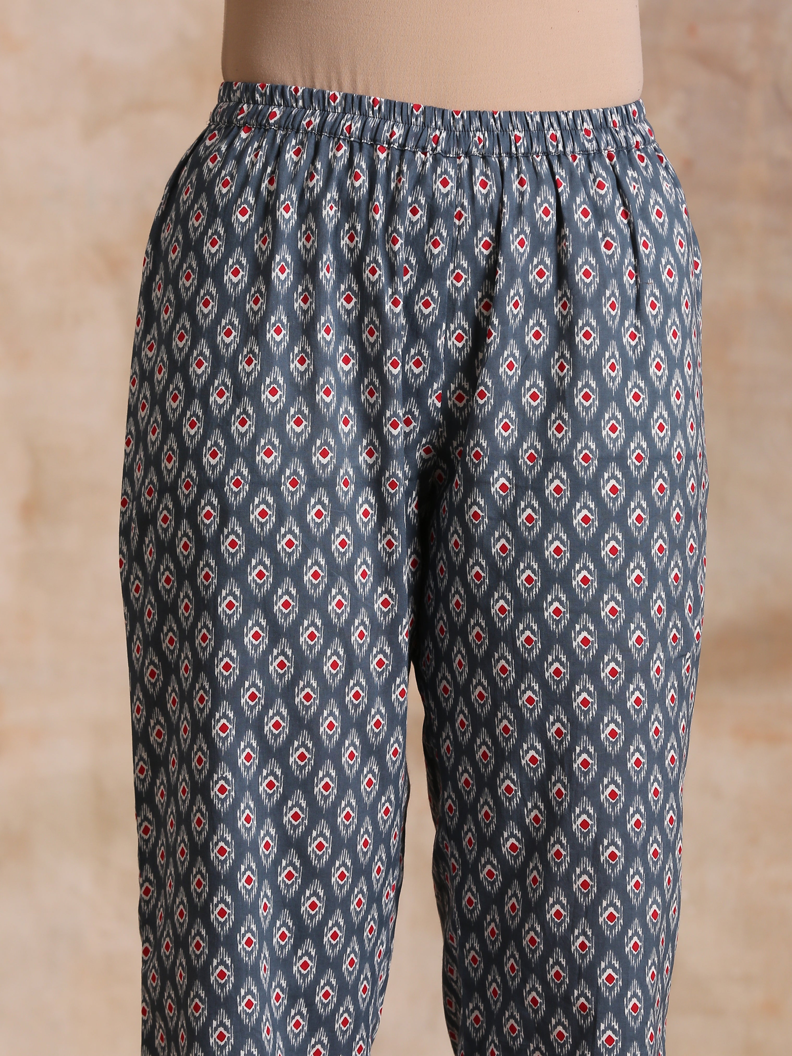 trueBrowns Steel Grey Ikat Print Cotton Gathers Co-Ord Set - Distacart