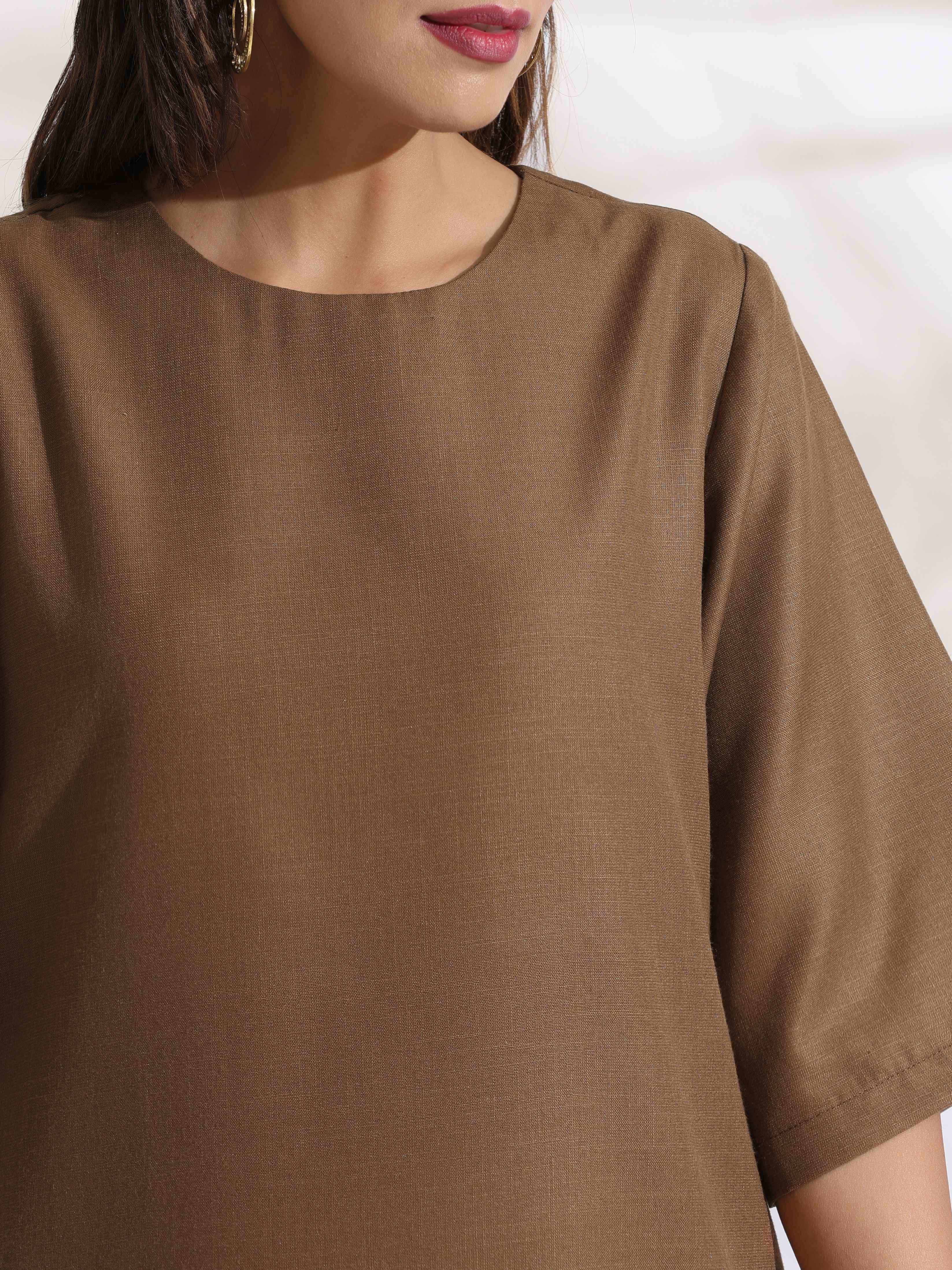 trueBrowns Brown Slub Dress