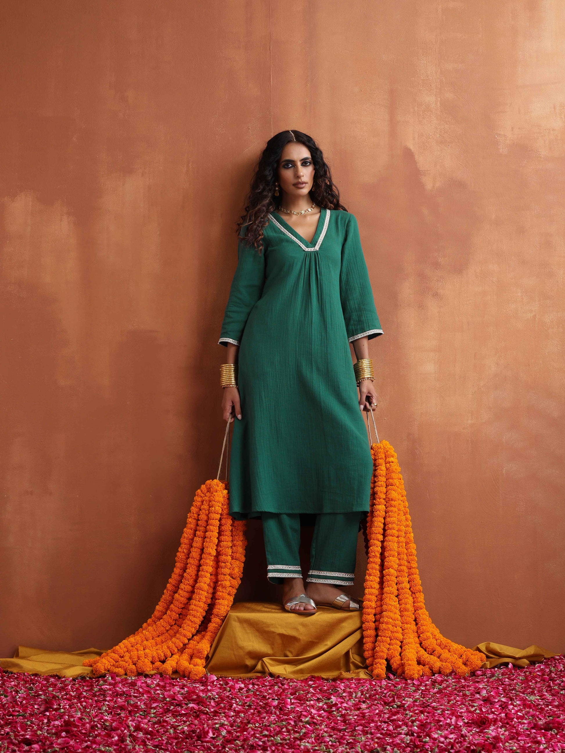 trueBrowns Green Cotton A-line Kurta Set - Distacart