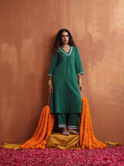 trueBrowns Green Cotton A-line Kurta Set - Distacart