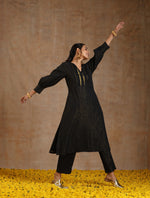 Thumbnail for trueBrowns Black Gold Cotton Overlap Yoke Kurta Set - Distacart