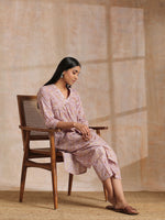 Thumbnail for trueBrowns Grey Overall Floral Block Print Cotton Flared Slit Kurta Pant Set | Relove