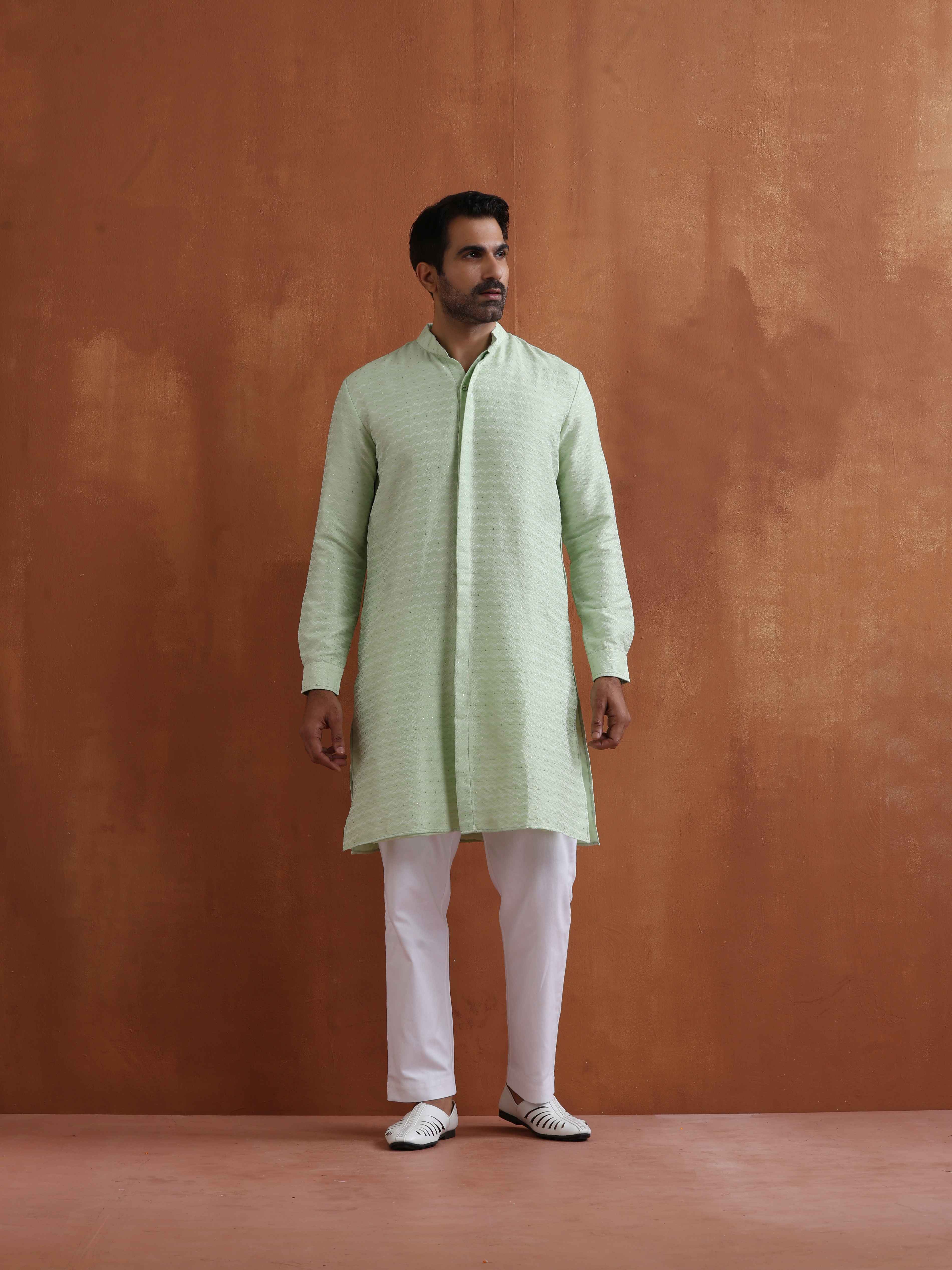 trueBrowns Men's Green Sequin Chanderi Kurta