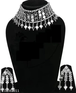 Tehzeeb Creations Women's Silver Colour Oxidised Necklace And Earring With Mirror Work - Distacart