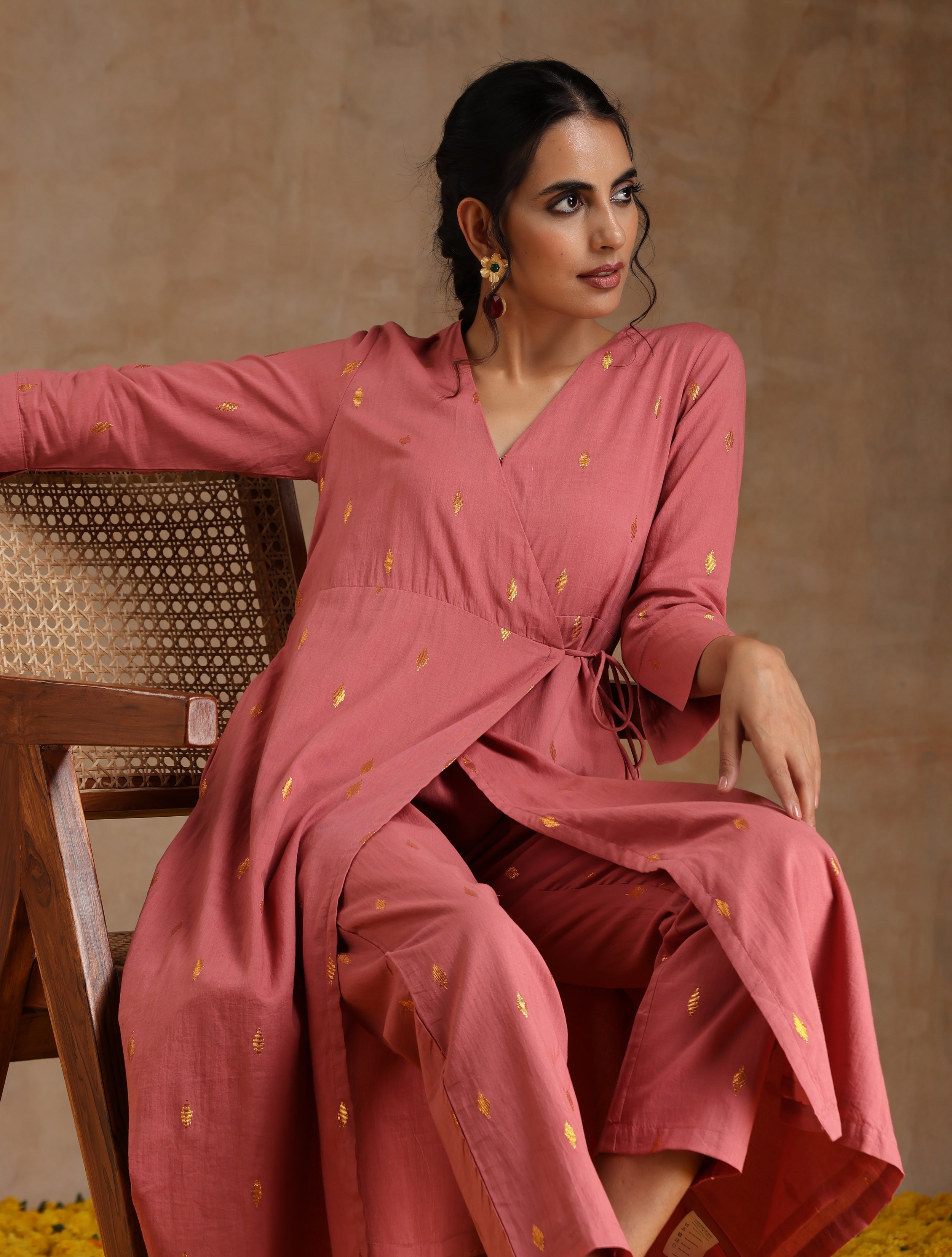 trueBrowns Blush Gold Cotton Angrakha Kurta Set - Distacart