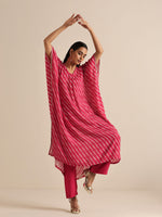 Thumbnail for trueBrowns Pink Lehariya Printed Silk Kaftan Pant Set - Distacart
