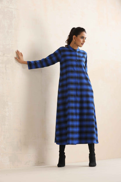 trueBrowns Blue Check Flared Winter Dress - Distacart