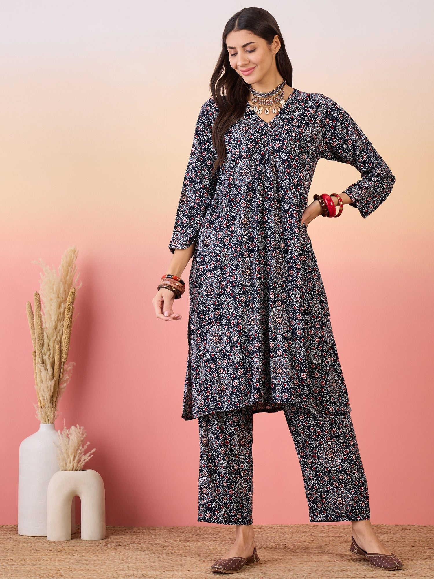 InWeave Navy Maroon Ajrakh Foil V Neck Kurta Pant Set