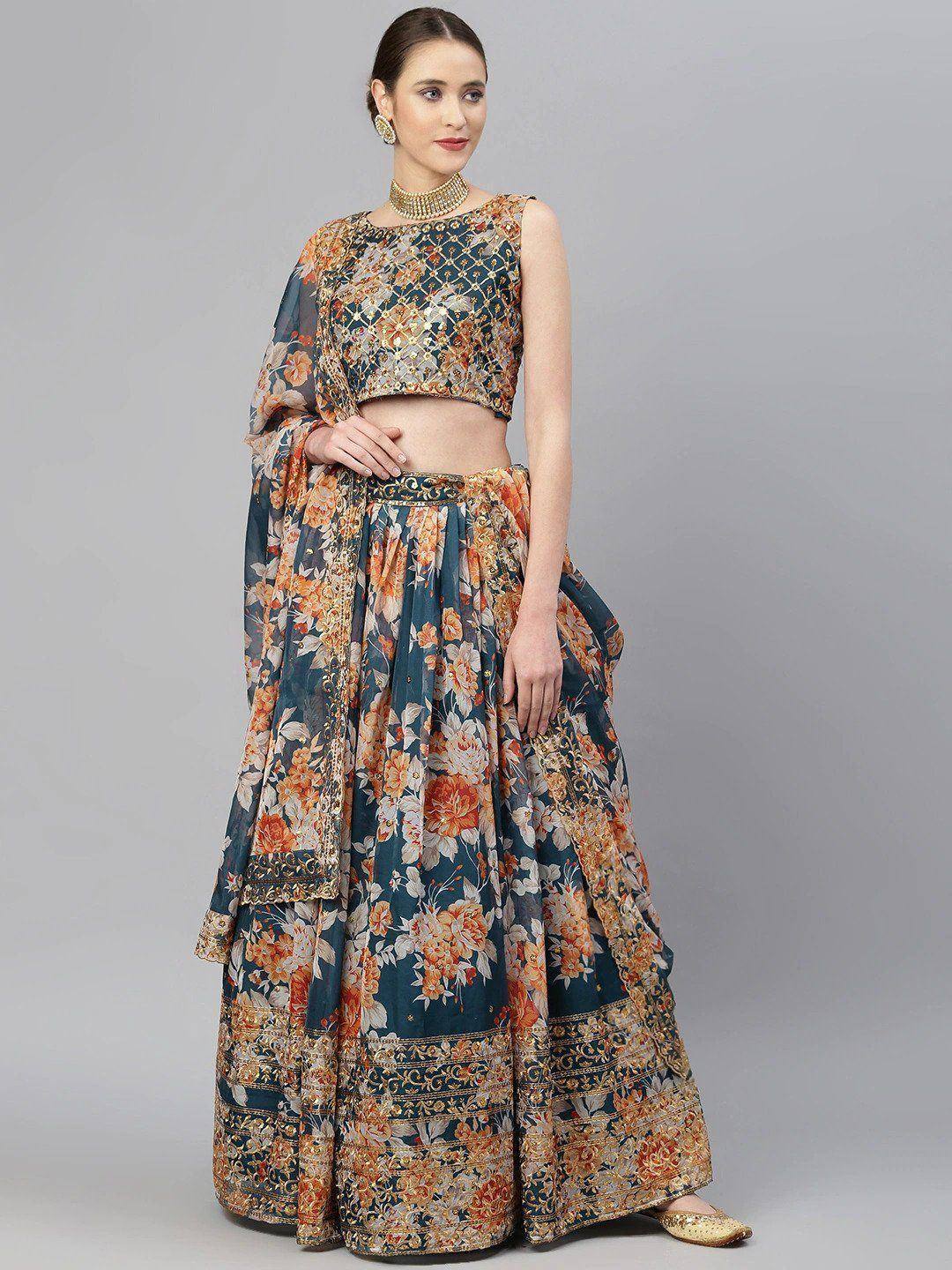 Tulsi Art Blue & Peach-Coloured Embellished Sequinned Semi-Stitched Myntra Lehenga & Unstitched Blouse - Dista