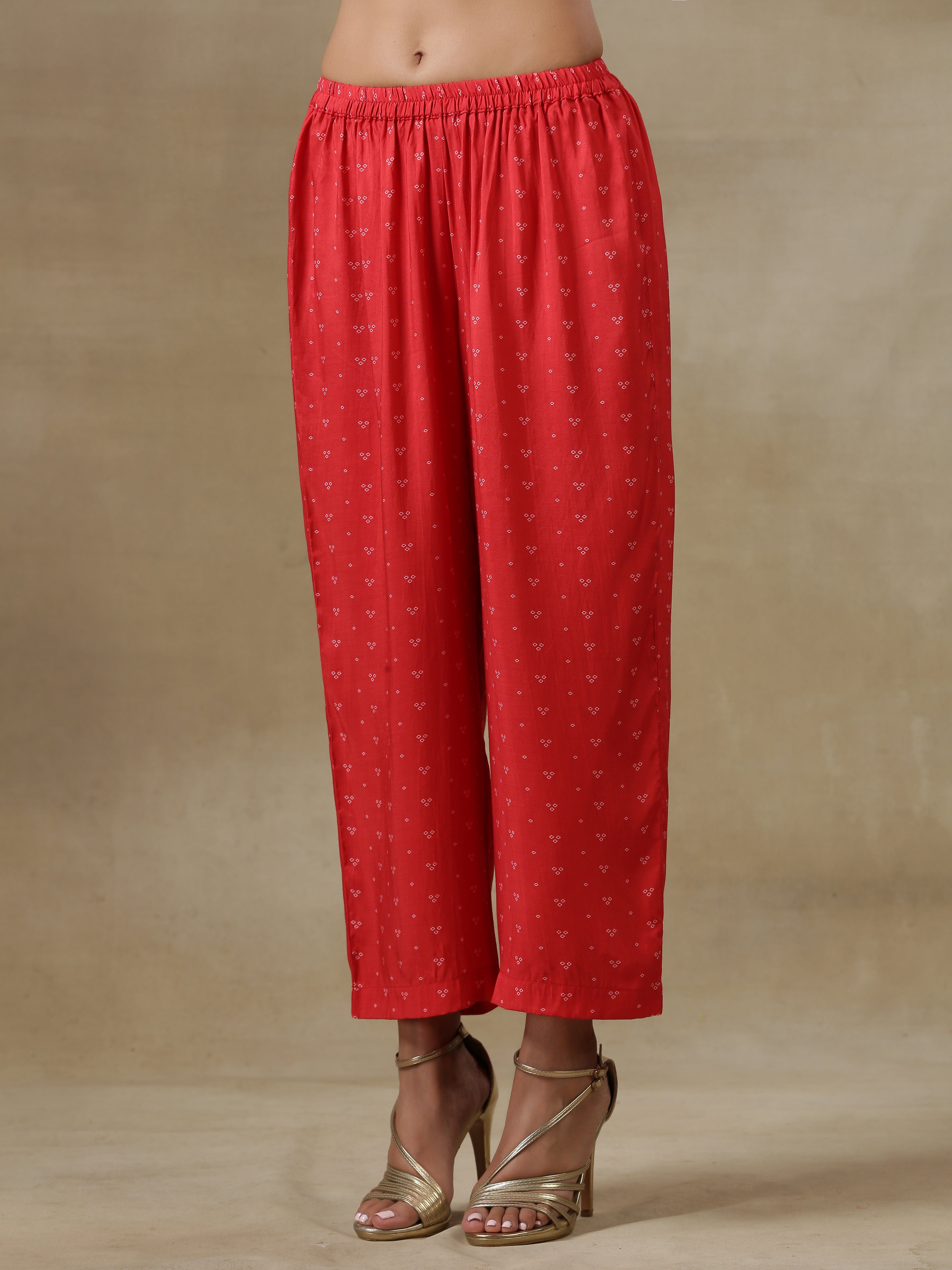 trueBrowns Red Bandhani Printed Silk Kaftan Gathered Co-Ord Set - Distacart