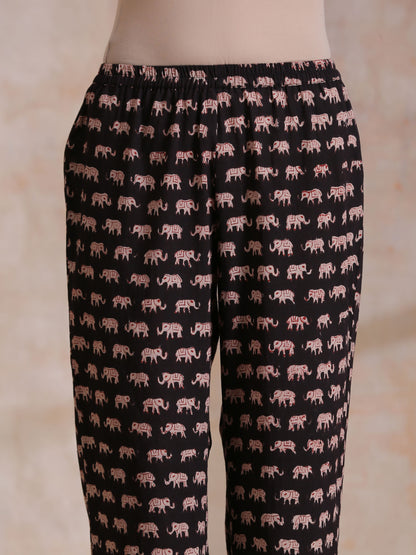 trueBrowns Black Elephant Bagru Print Cotton Kaftan Co-Ord Set - Distacart