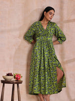 Thumbnail for trueBrowns Lime Green Overall Blue Floral Block Print Cotton Wrap Dress - Distacart