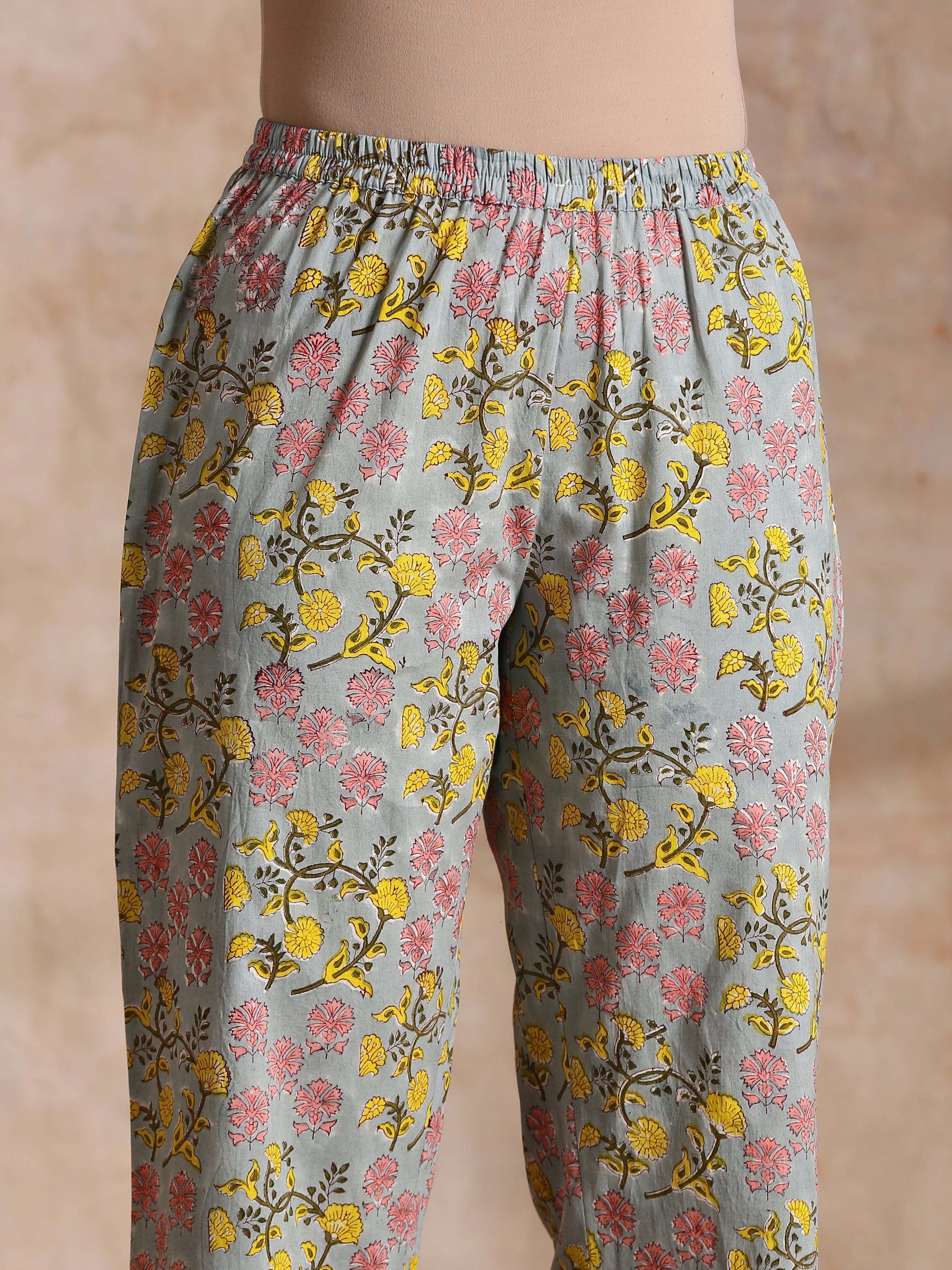 trueBrowns Grey Overall Floral Block Print Cotton Angrakha Kurta Pant Set - Distacart