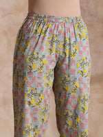 Thumbnail for trueBrowns Grey Overall Floral Block Print Cotton Angrakha Kurta Pant Set - Distacart