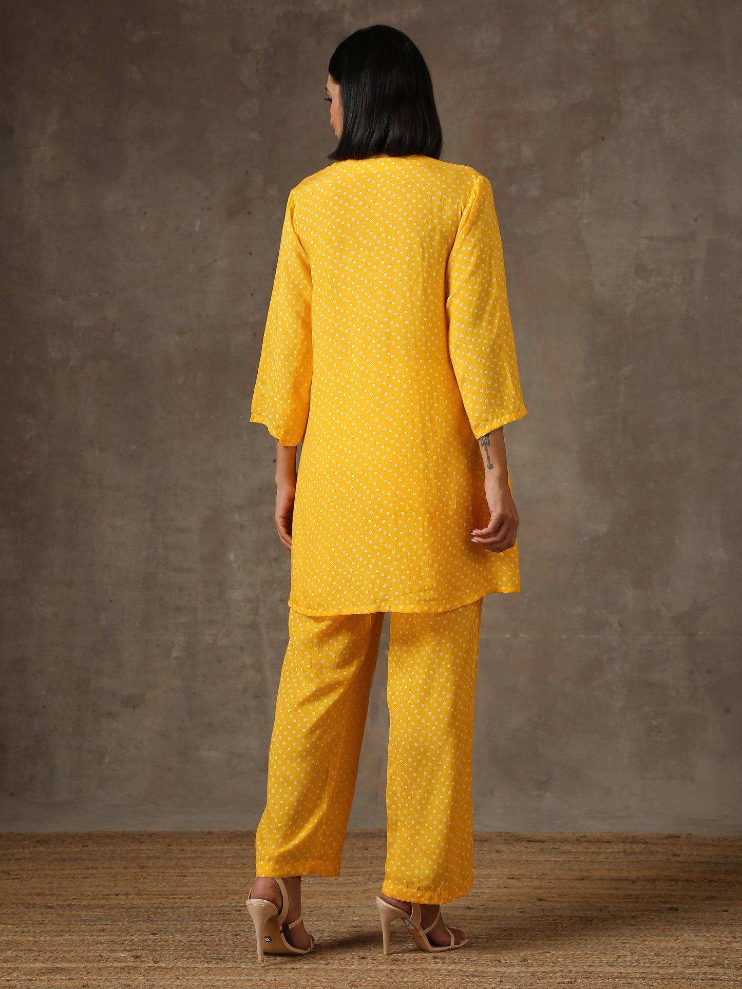 trueBrowns Yellow Bandhani Flare Printed Silk Co-Ord Set | Relove - Distacart