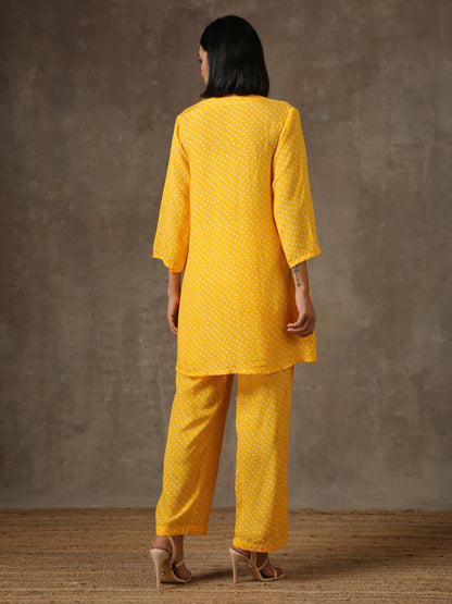 trueBrowns Yellow Bandhani Flare Printed Silk Co-Ord Set | Relove - Distacart