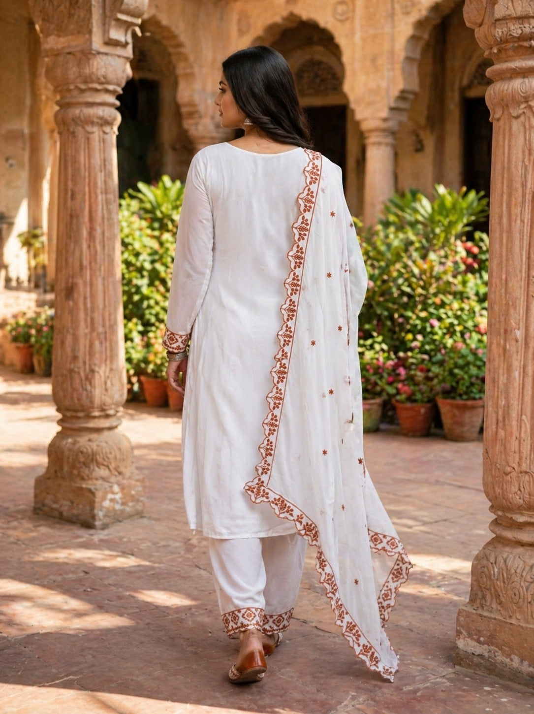 Anaita Brown&White Georgette Readymade Suit with Thread Embroidery Work - Dista