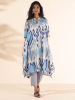 Thumbnail for trueBrowns Blue Cotton Ikat Flared Kurta Pant Set - Distacart