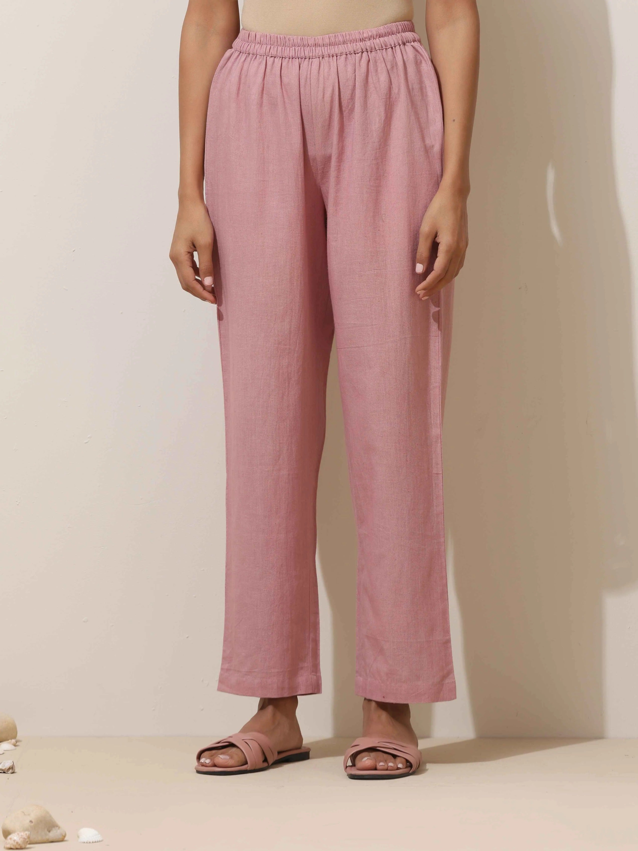 trueBrowns Pink Cotton Linen Kurta Pant Set