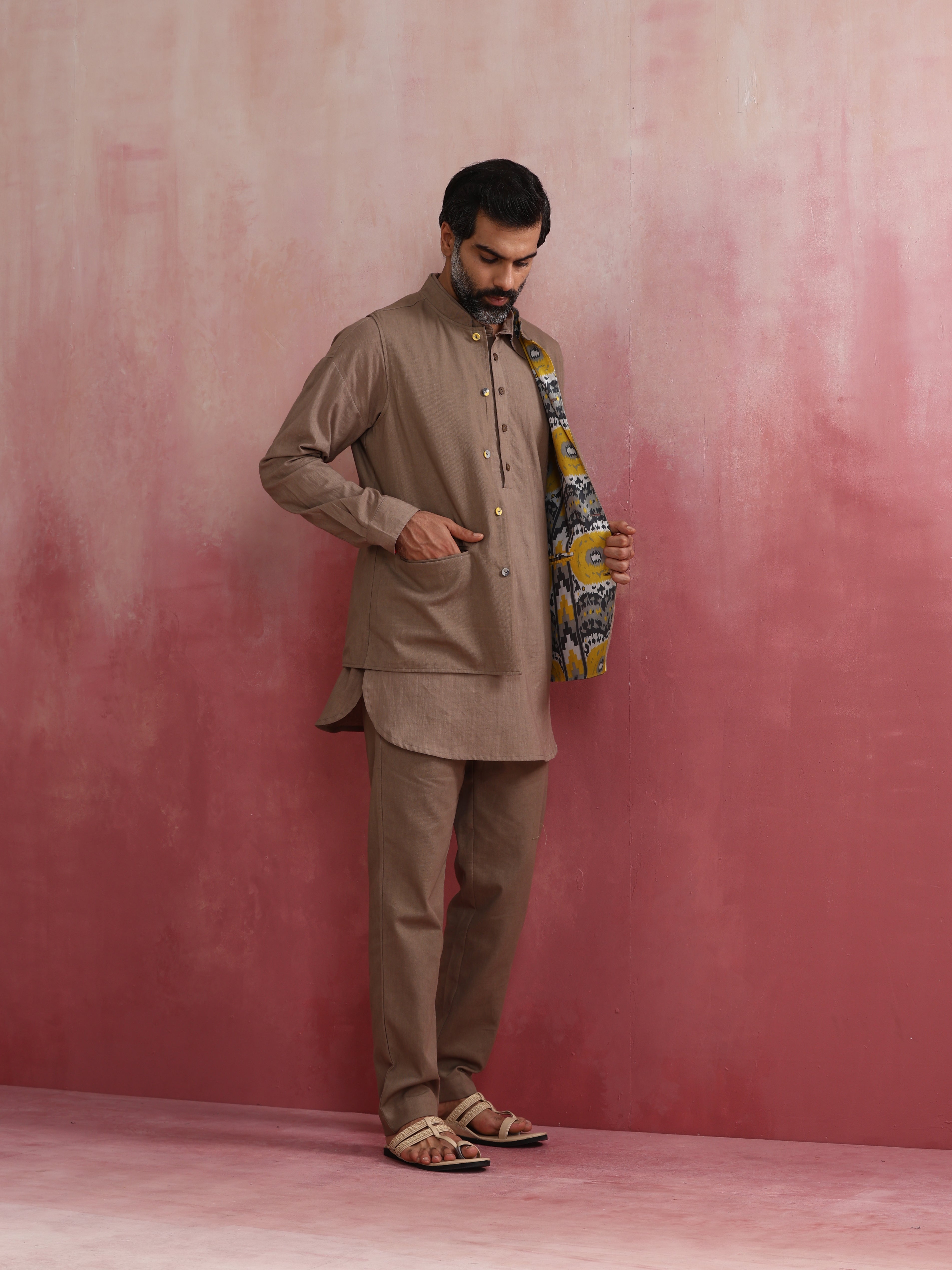 trueBrowns Men's Grey Ikat Print Cotton Reversible Nehru Jacket